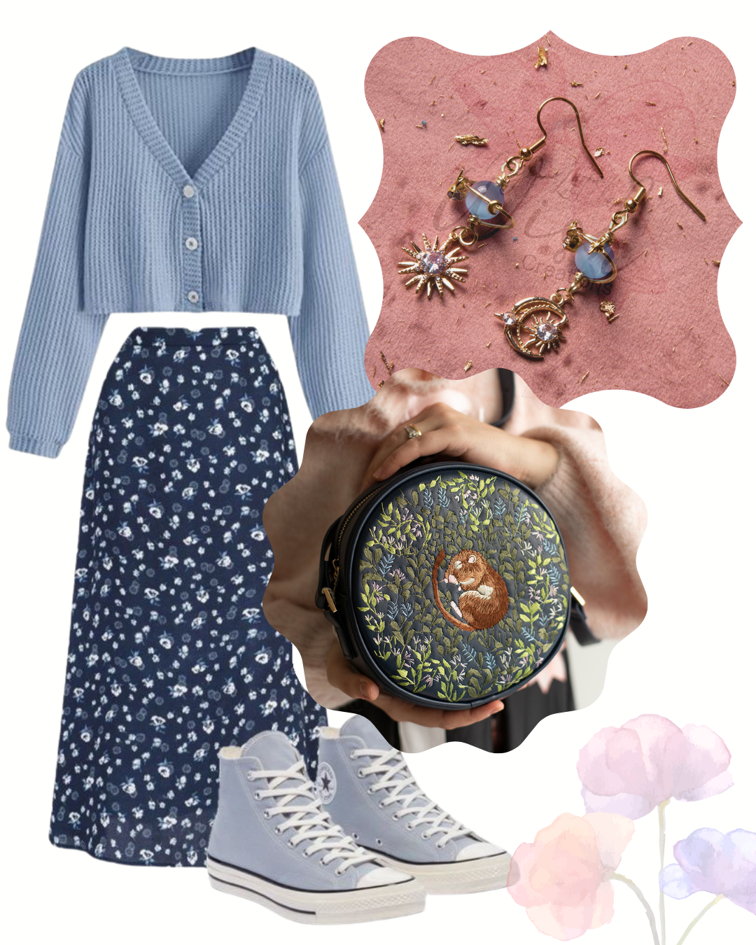 Outfit primaverile romantico con gioielli azzurri e fiori