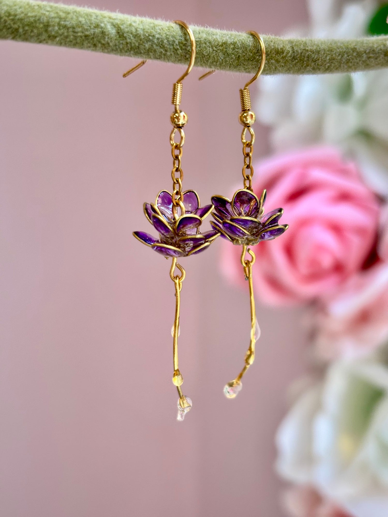 Purple Lotus Flower Earrings with Dew