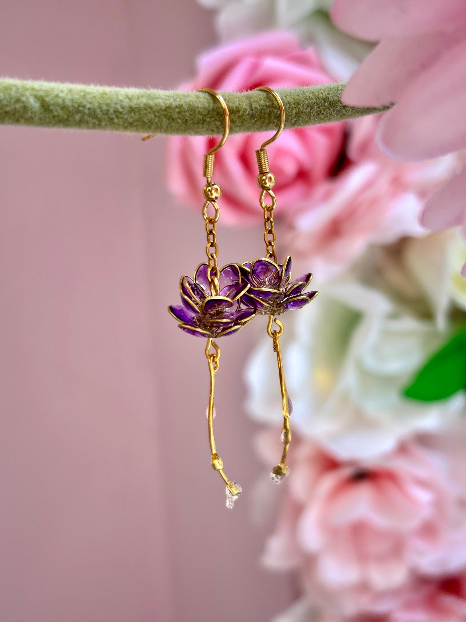 Purple Lotus Flower Earrings with Dew