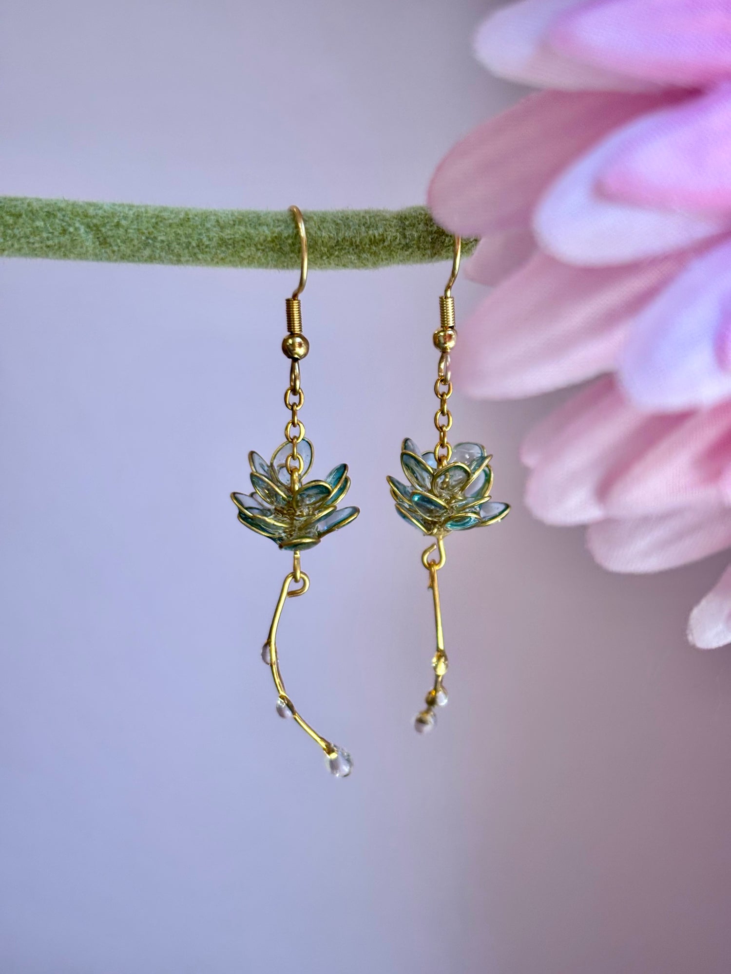 Blue Lotus Flower Earrings with Dew