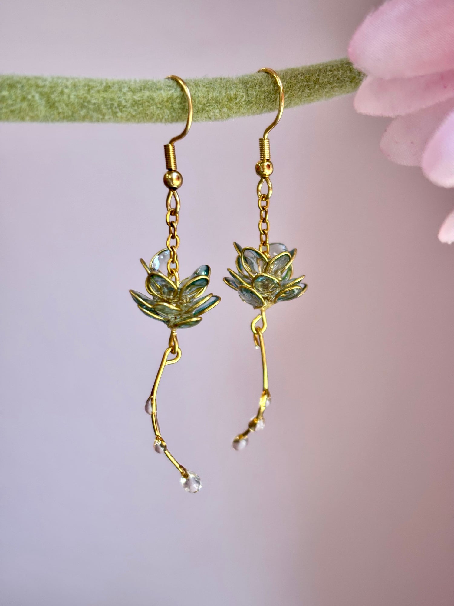 Blue Lotus Flower Earrings with Dew