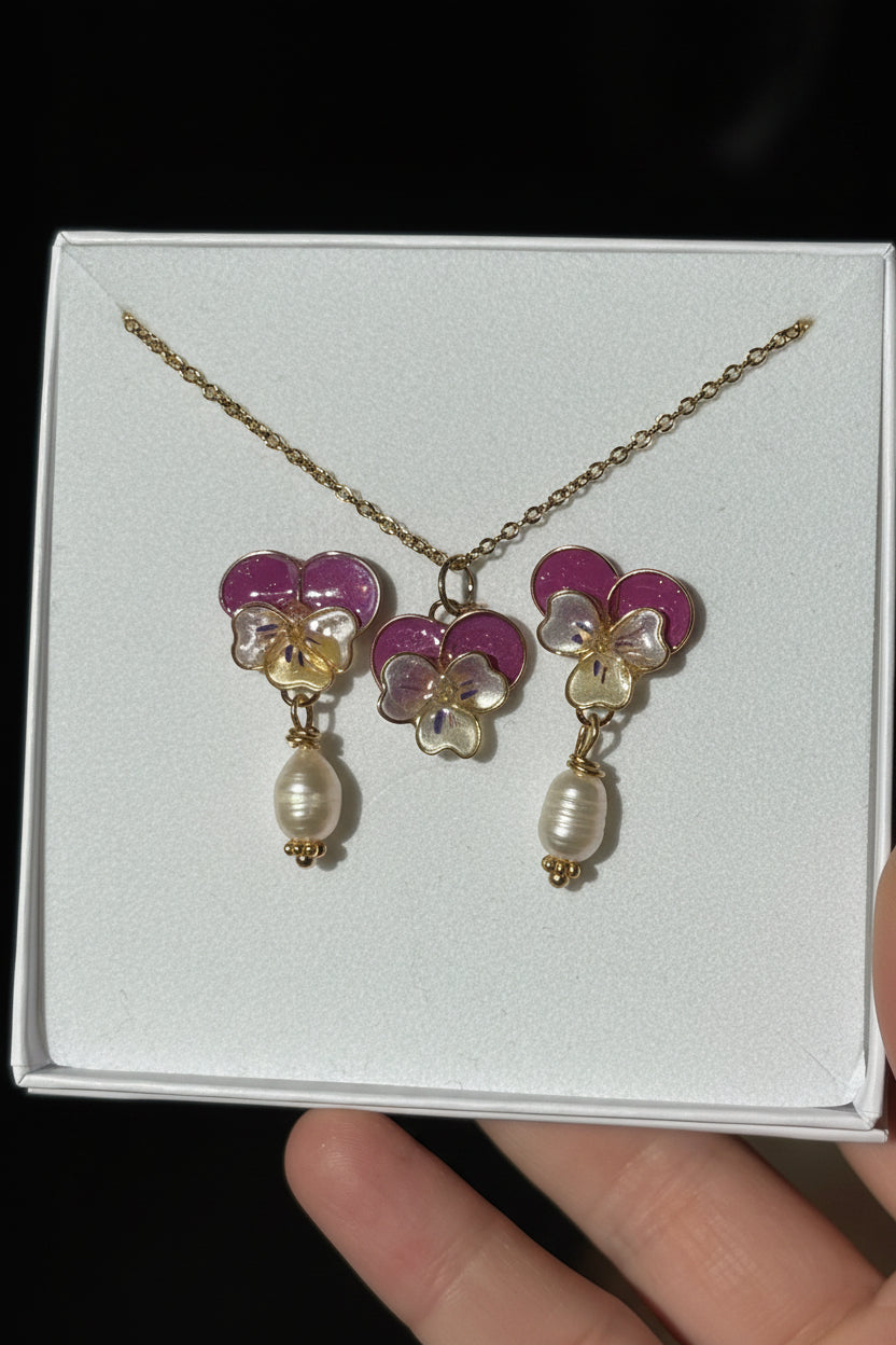 Set Viola del Pensiero – Collana e Orecchini Pendenti