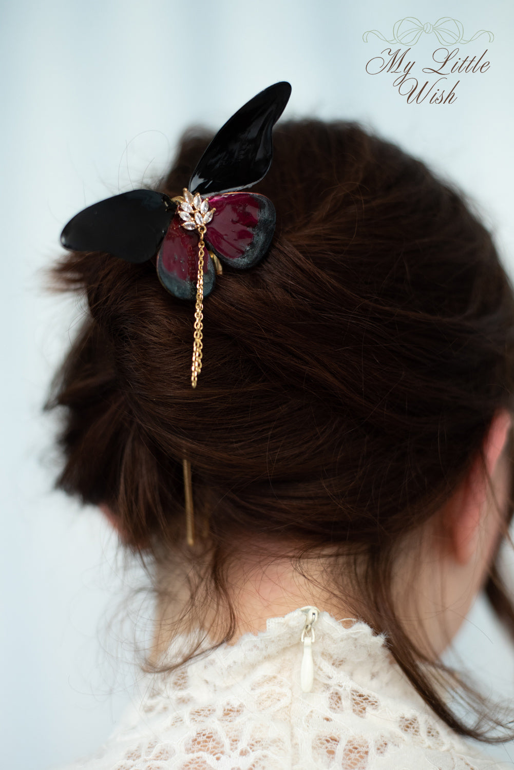 Forcina per capelli Psiche n°1 - Farfalla nera e bordeaux