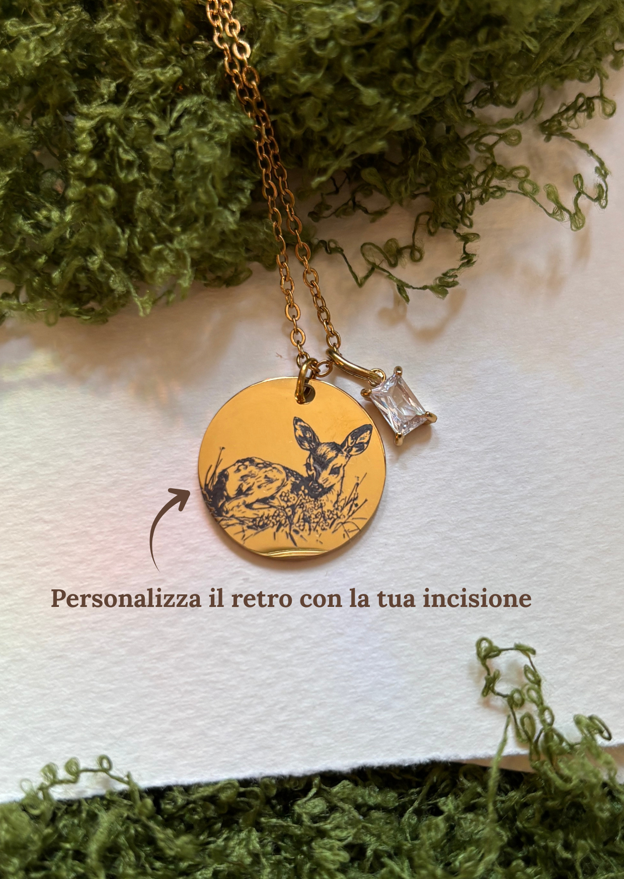 Collana Cerbiatto con Incisione Personalizzata e Pietra del Mese